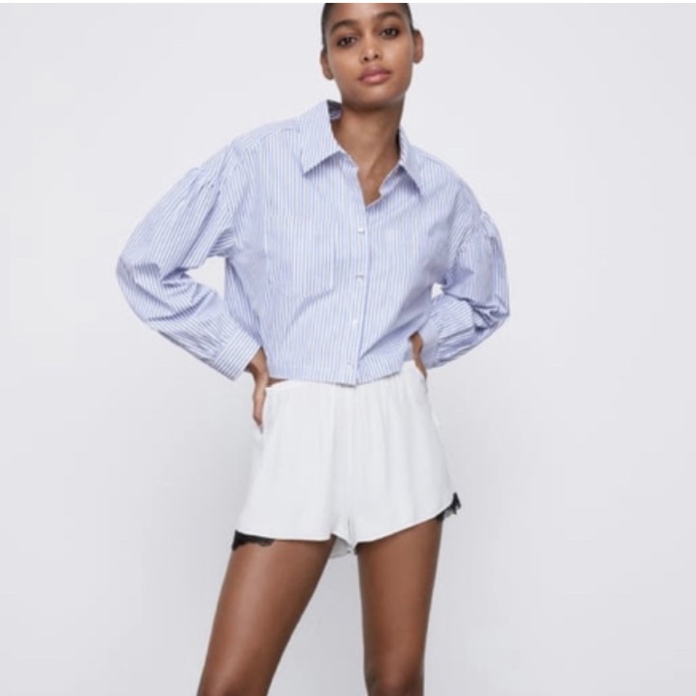 Zara blue striped crop button up shirt with baby puff shoulders